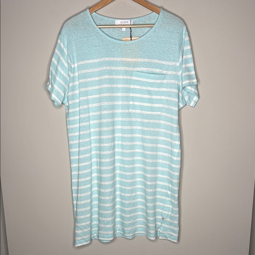 La Ligne Edie Knit Striped T-Shirt Midi Dress in Blue & White Size Large NWT